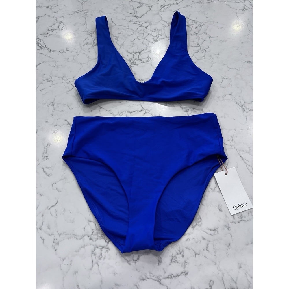 NEW Quince Electric Blue Italian Plunge Bikini Top & High Rise Bottoms Medium